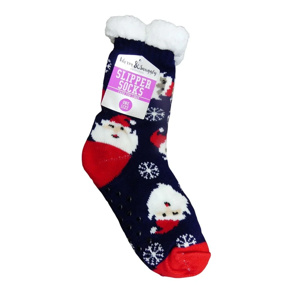 Warm & Snuggly Slipper Socks Womens OS Navy NWT Santa Snowflake Faux Fur Lined